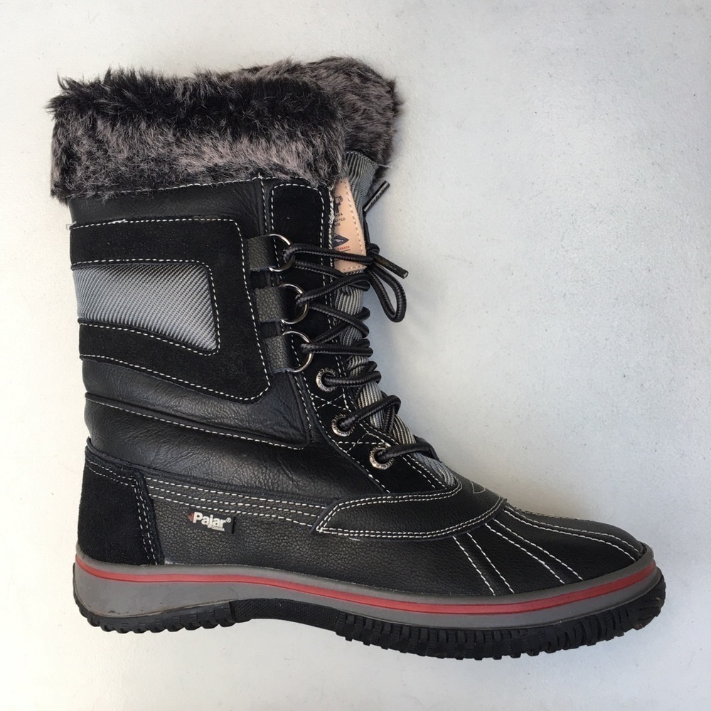 Pajar Women's Black Winter Fur-Trim Lace-Up Boots with Red Trim